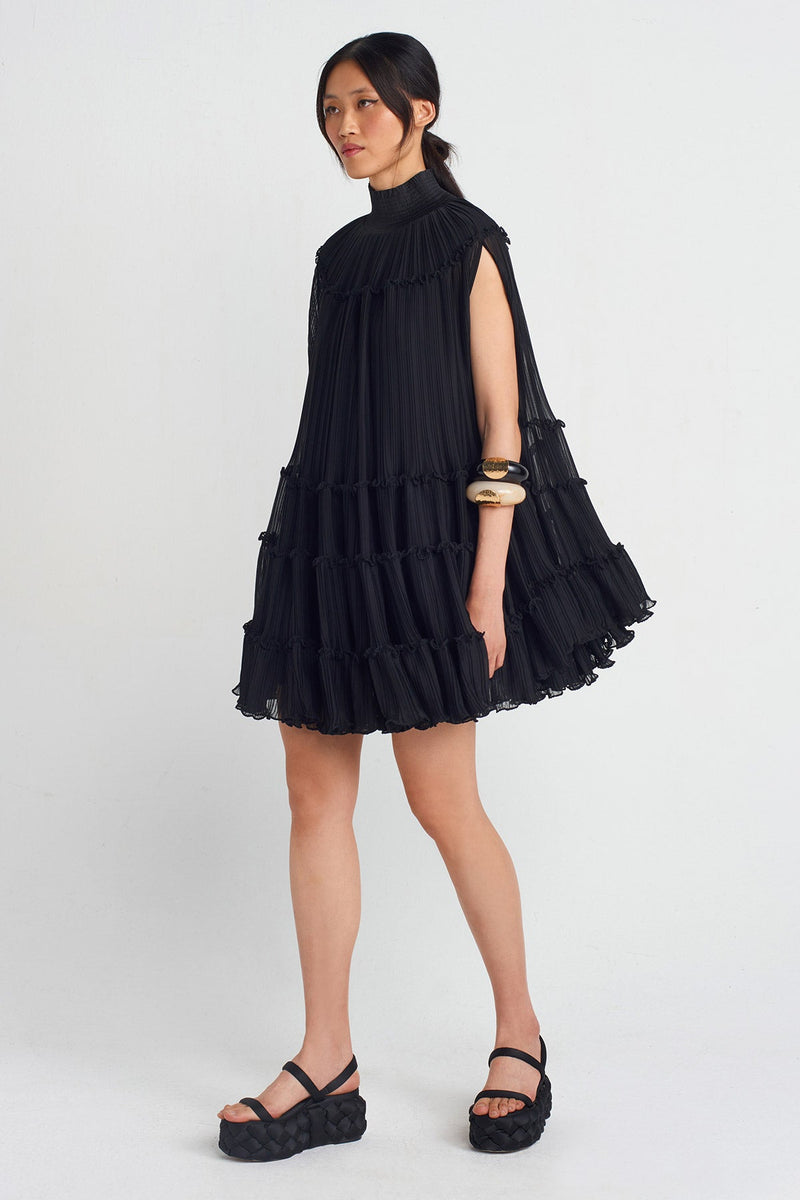 Nu Chiffon Pleated Short Dress Black