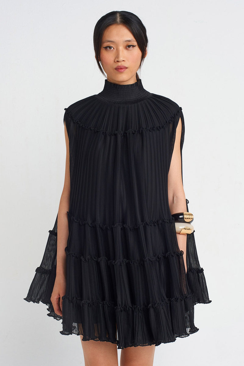 Nu Chiffon Pleated Short Dress Black