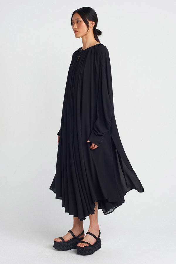 Nu Chiffon Long-Sleeve Midi Dress Black