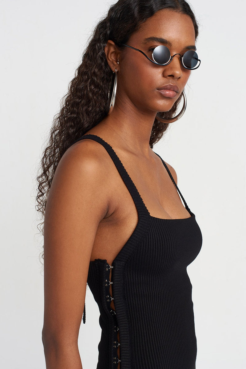 Nu Side Hook Detail Ribbed Dress Black