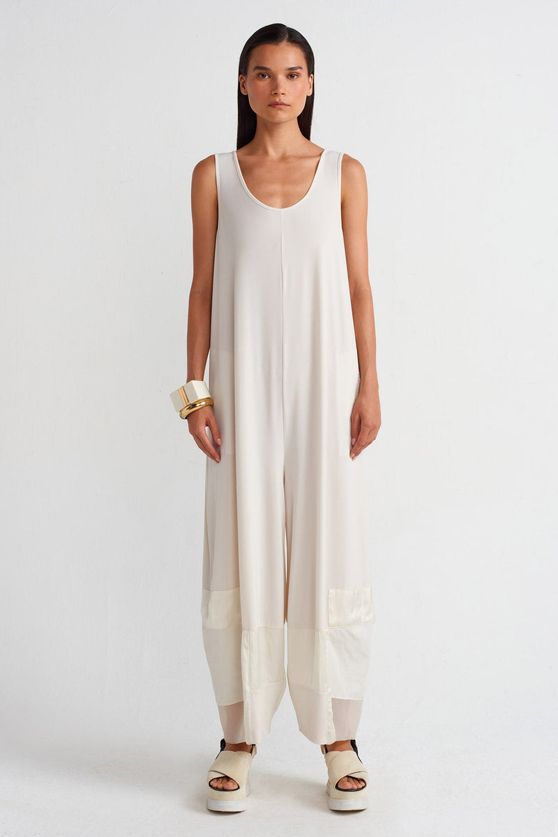 Nu Organza And Taffeta Striped Jersey Jumpsuit Ecru