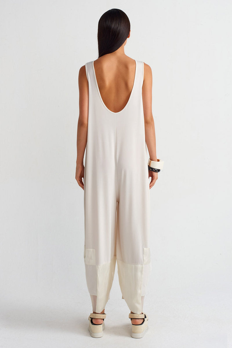 Nu Organza And Taffeta Striped Jersey Jumpsuit Ecru