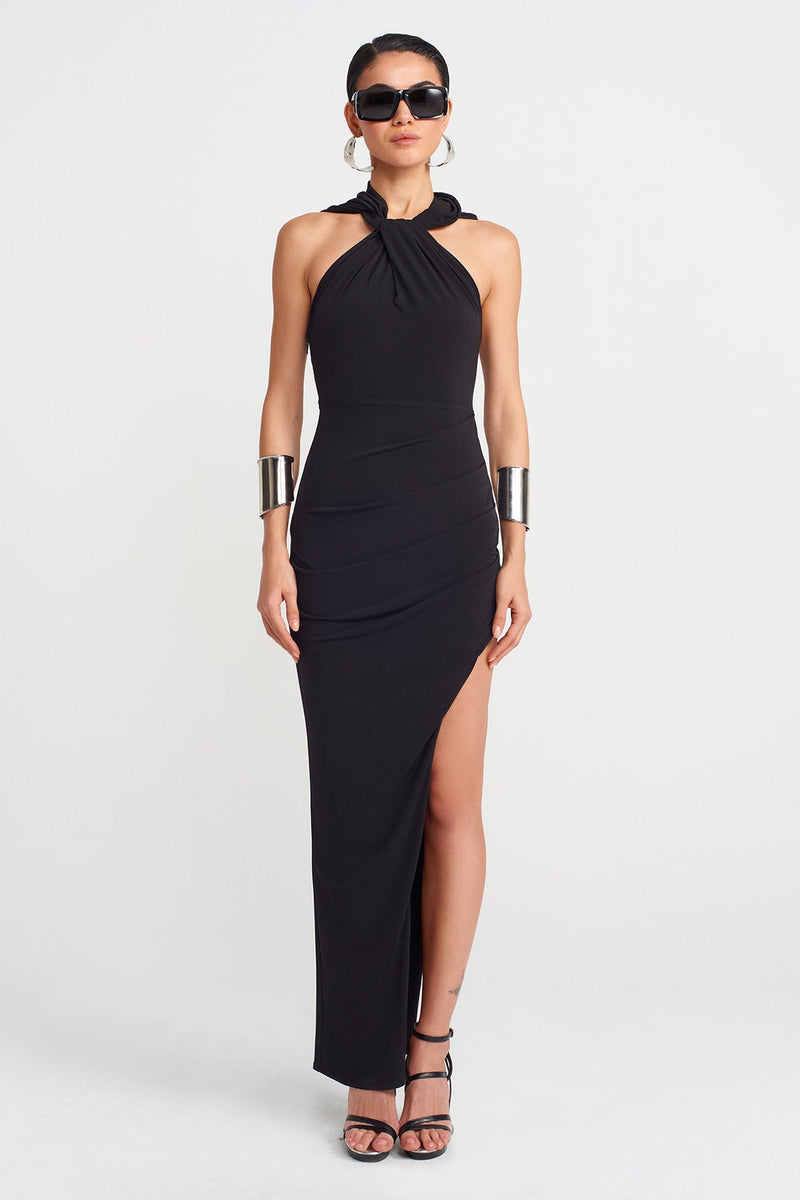 Nu Deep Slit Chic Jersey Dress Black