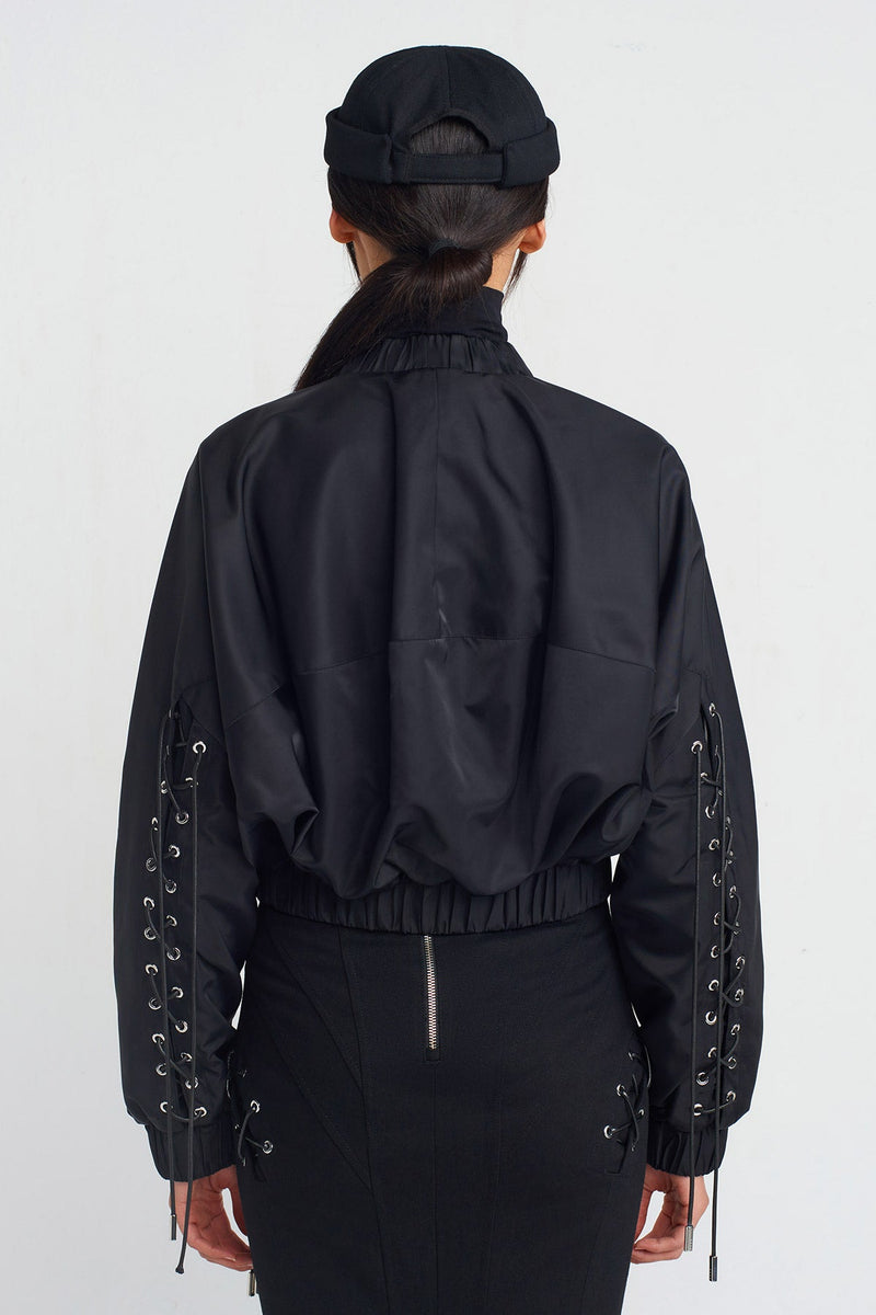 Nu Bird-Eye And Lace-Up Detailed Bomber Jacket Black