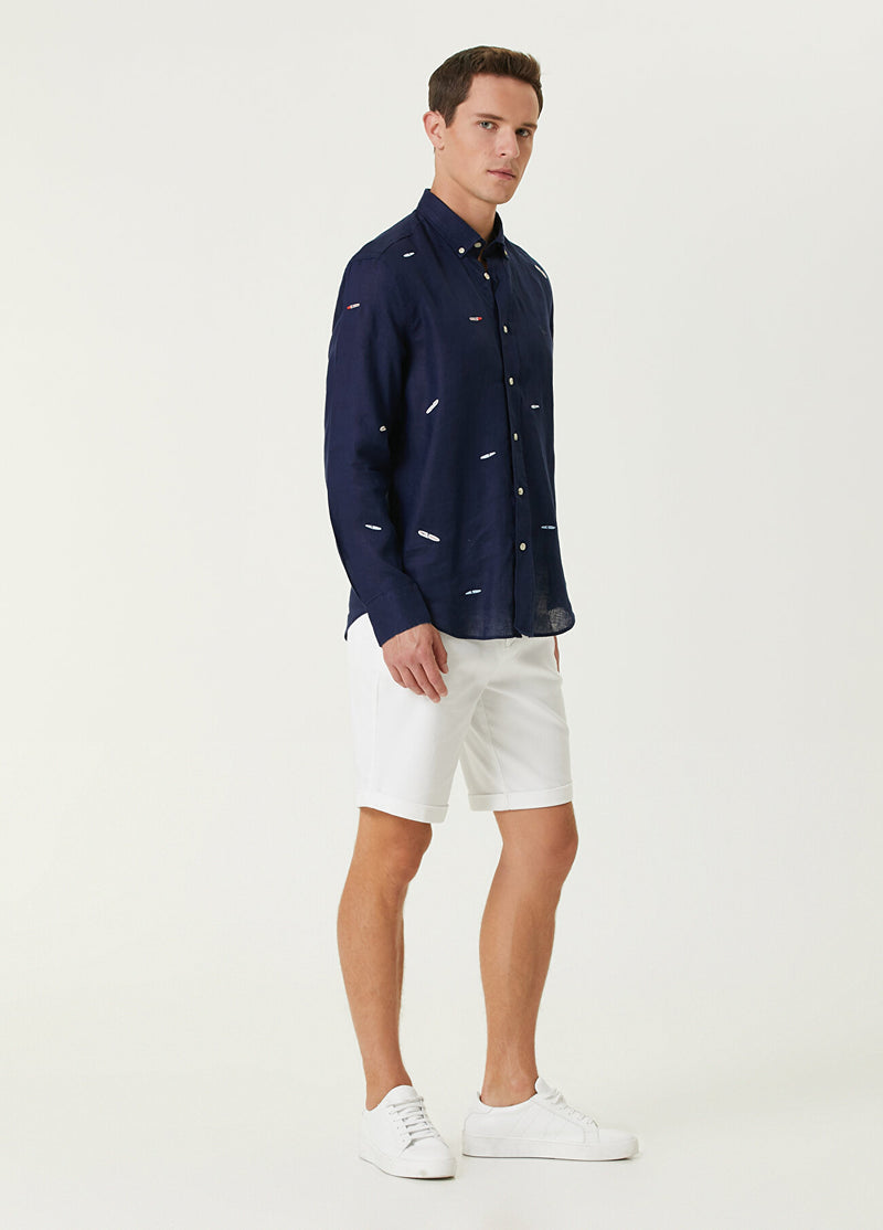 Beymen Club Men Surfboard Embroidered Linen Shirt Navy Blue