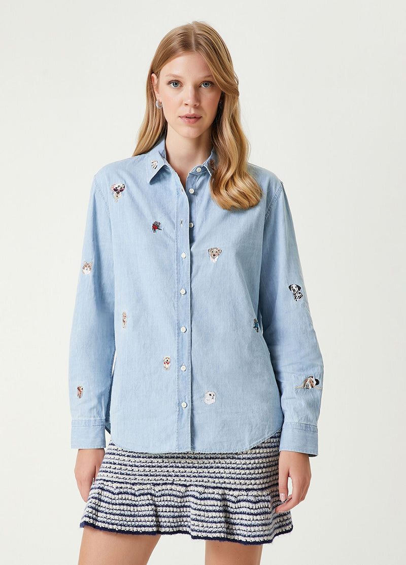 Beymen Club Animal Embroidered Denim Shirt Blue