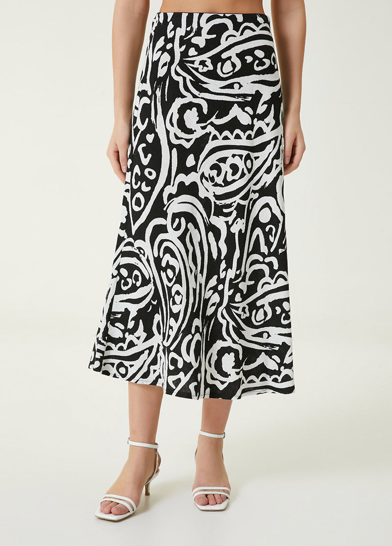 Beymen Club Paisley Patterned Long Linen Skirt Black/White