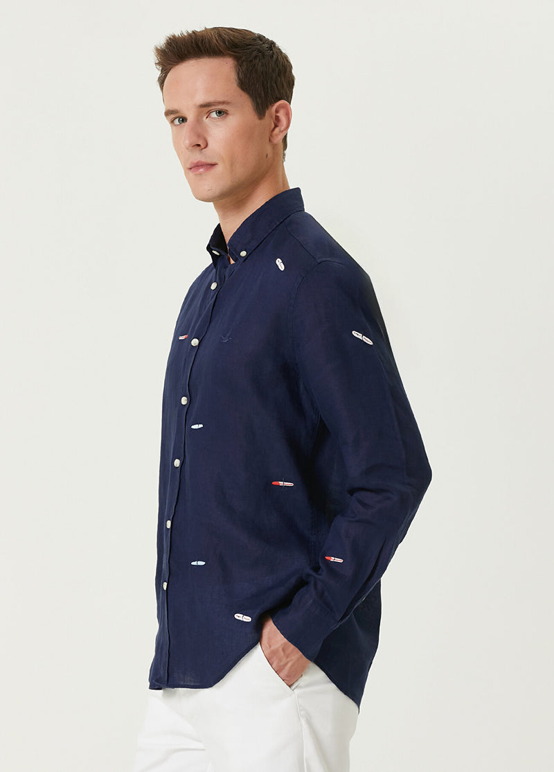 Beymen Club Men Surfboard Embroidered Linen Shirt Navy Blue