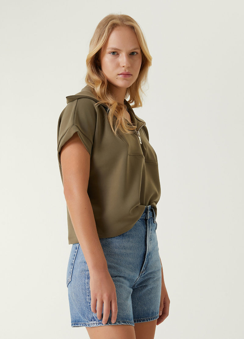 Beymen Club Zippered Short Sleeve Sweatshirt Khaki