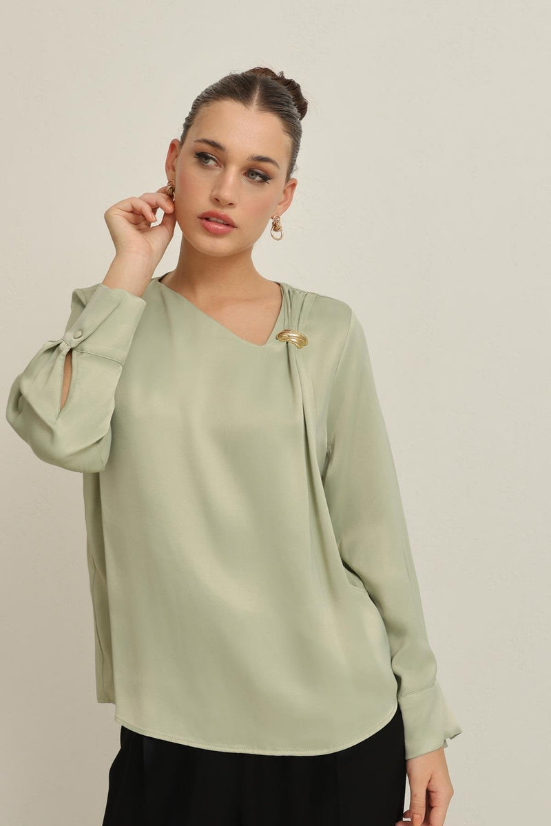 Setre Collar Accessory Detailed Relaxed Cut Blouse Light Green