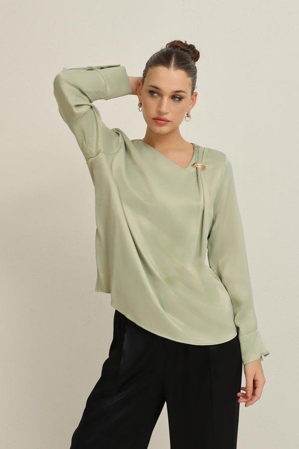 Setre Collar Accessory Detailed Relaxed Cut Blouse Light Green