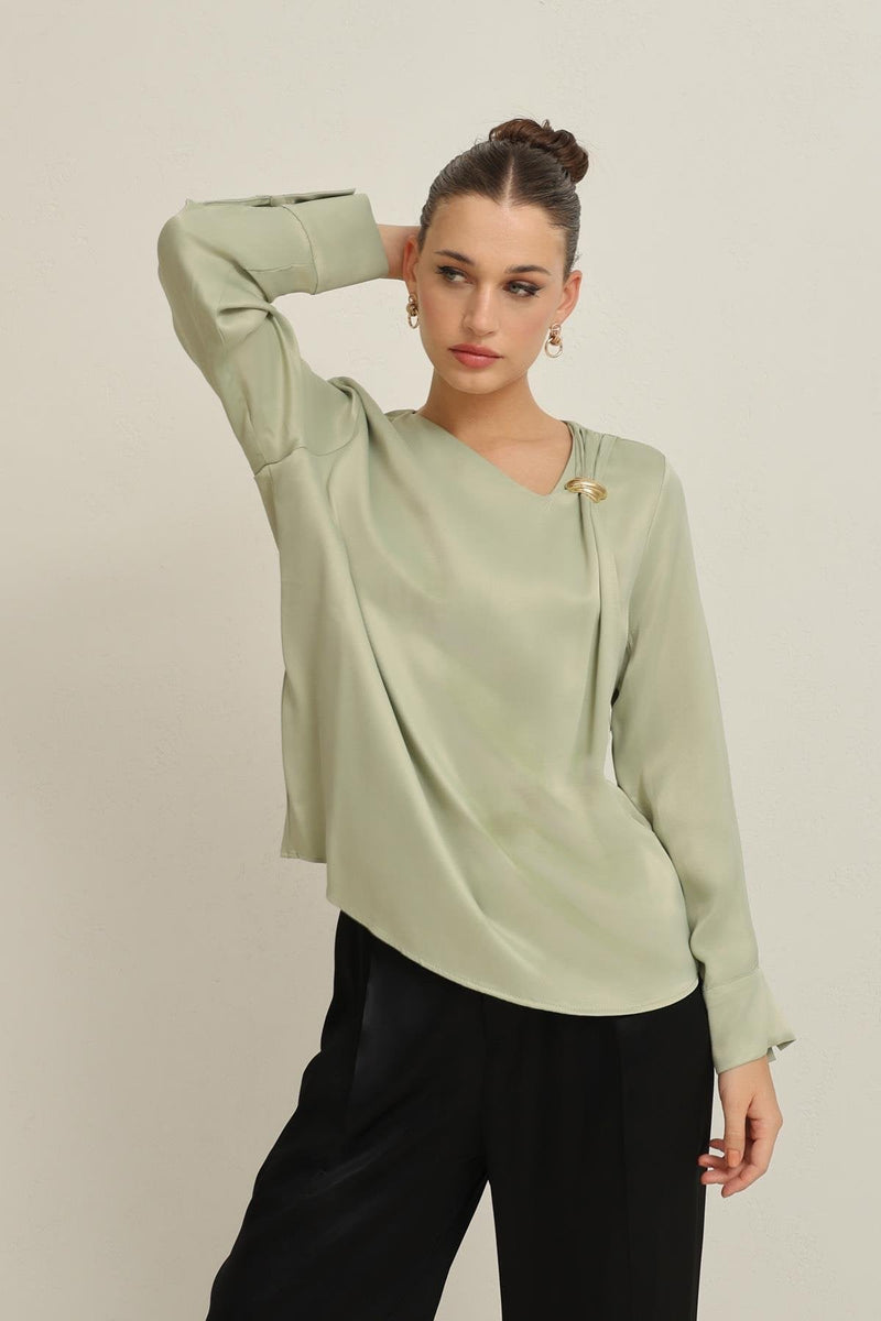 Setre Collar Accessory Detailed Relaxed Cut Blouse Light Green