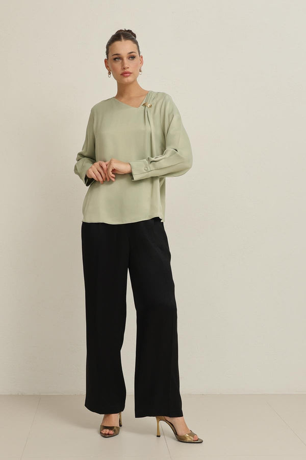Setre Collar Accessory Detailed Relaxed Cut Blouse Light Green