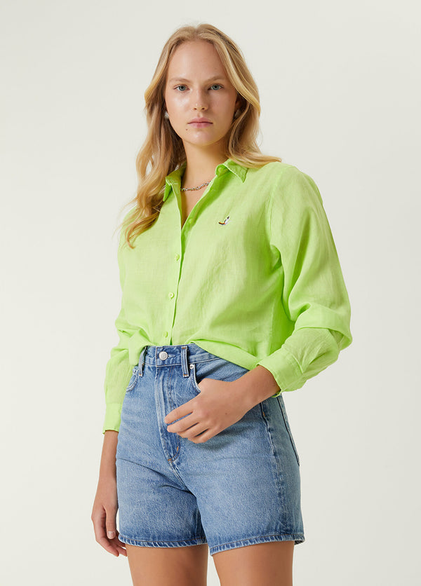 Beymen Club Logo Embroidered Linen Shirt Green