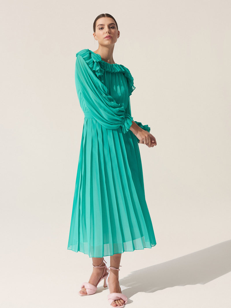 Baqa Ruffle Detail Pleated Dress Green