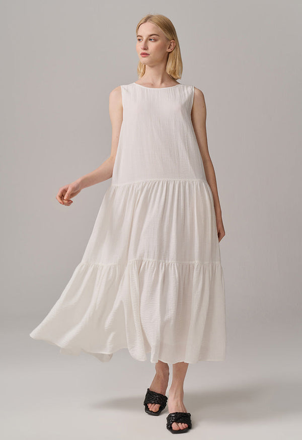 Choice Solid Maxi Layered Sleeveless Dress Off White