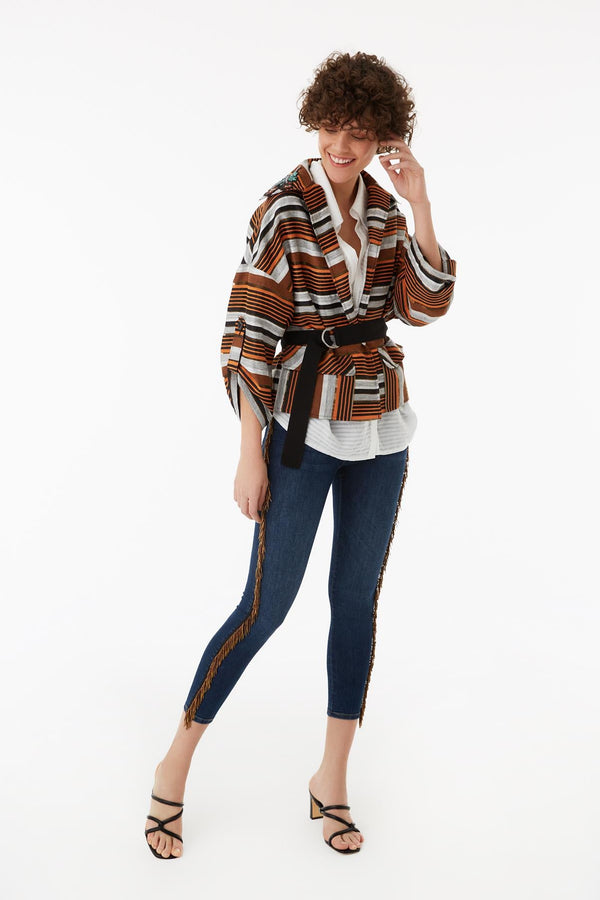 Exquise Jacket Stripe +Belt Print - Wardrobe Fashion