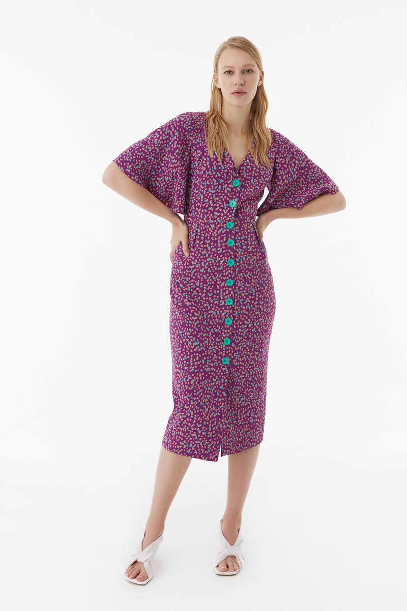 Exquise Flywheel Detailed Contrast Button Viscose Dress Purple