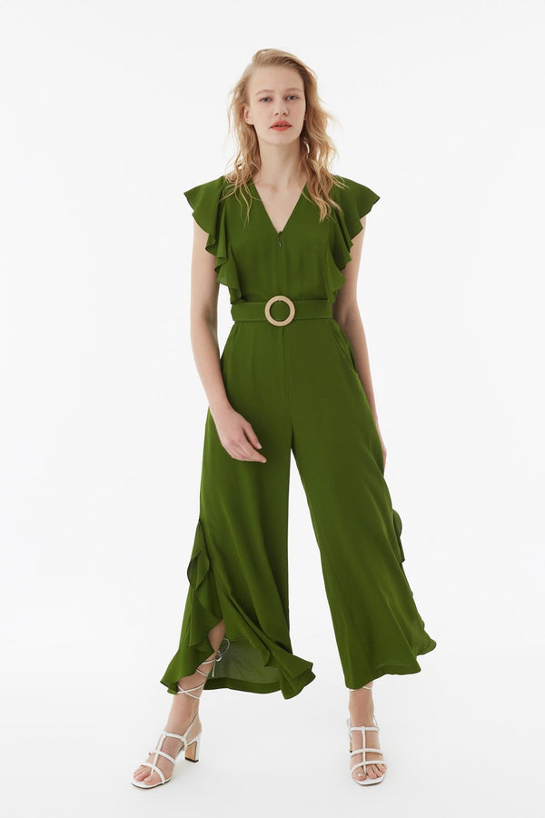 Exquise Jumpsuit Frill Edge S/Sl Green - Wardrobe Fashion