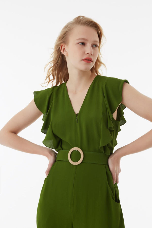 Exquise Jumpsuit Frill Edge S/Sl Green - Wardrobe Fashion