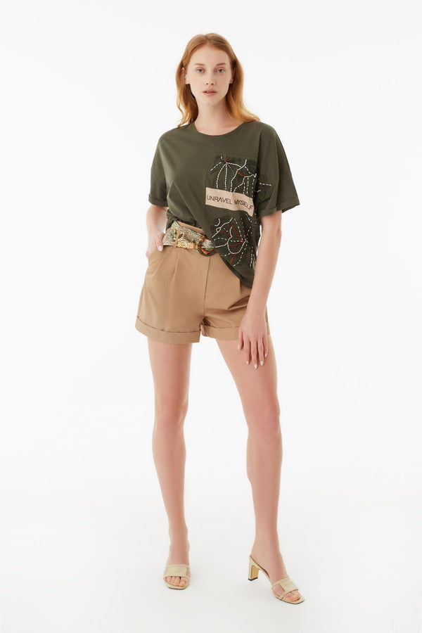 Exquise T-Shirt Embroied S/Sl Khaki - Wardrobe Fashion