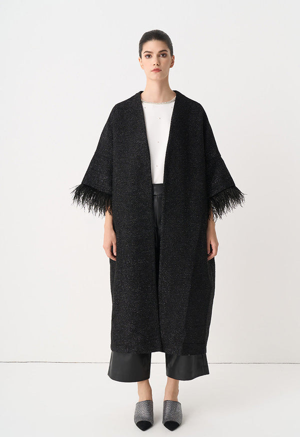 Choice Tweed Lurex Feather Maxi Jacket Black