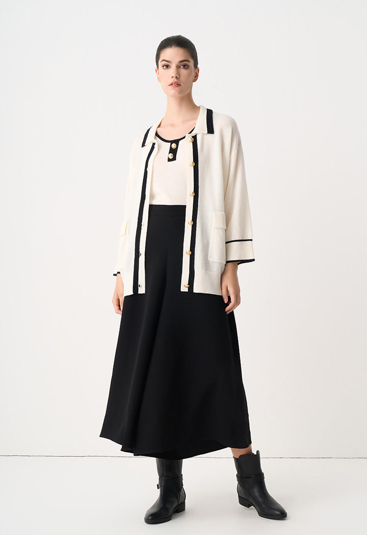 Choice Contrast Knitted Belted Cardigan Cream