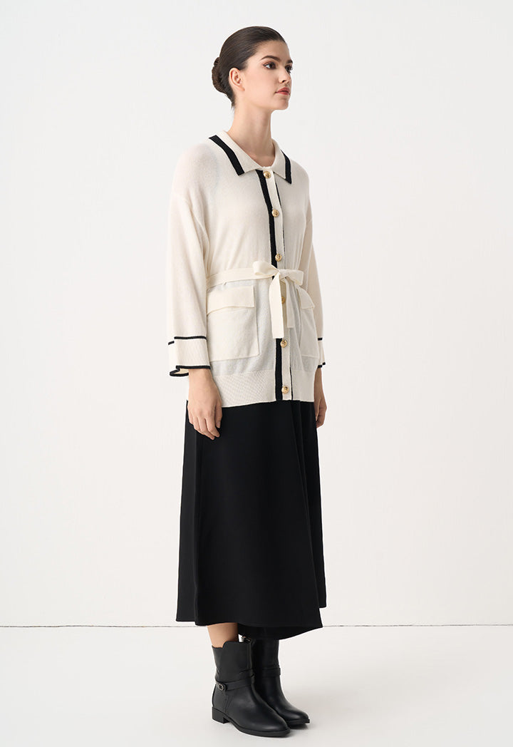 Choice Contrast Knitted Belted Cardigan Cream