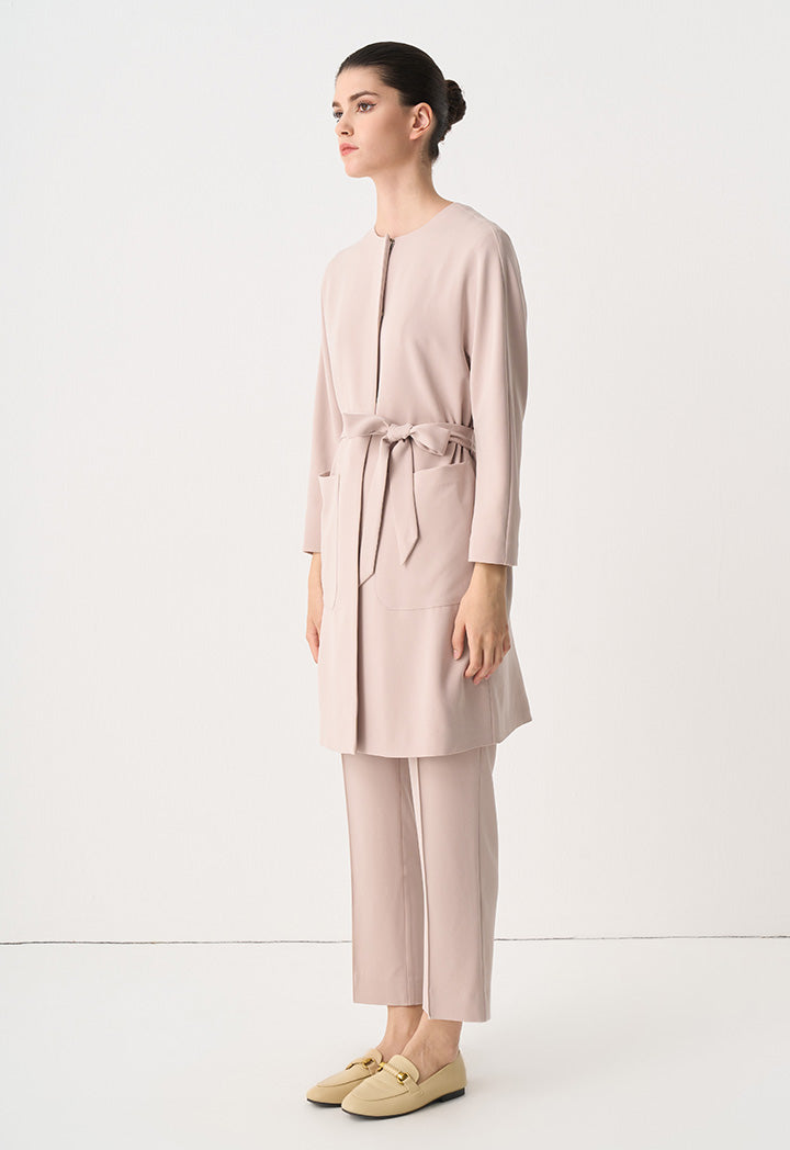 Choice Round Neck Belted Midi Jacket Taupe