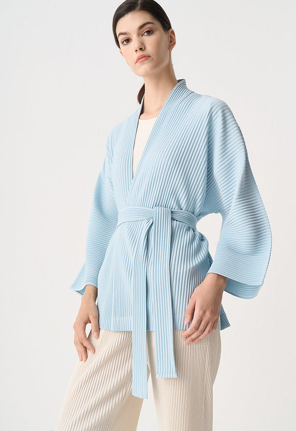 Choice Solid Pleated Belted Jacket Blue