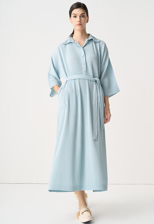 Choice Pleated Belted Oversize Maxi Dress Blue