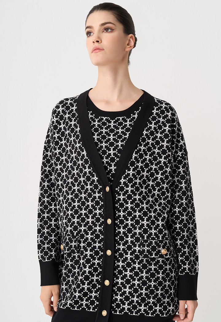 Choice Contrast Long Sleeves Knitted Monogram Cardigan Black/Cream