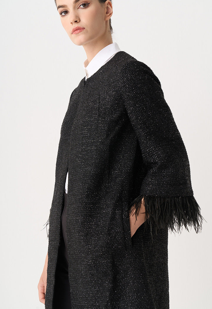 Choice Tweed Lurex Feather Midi Jacket Black