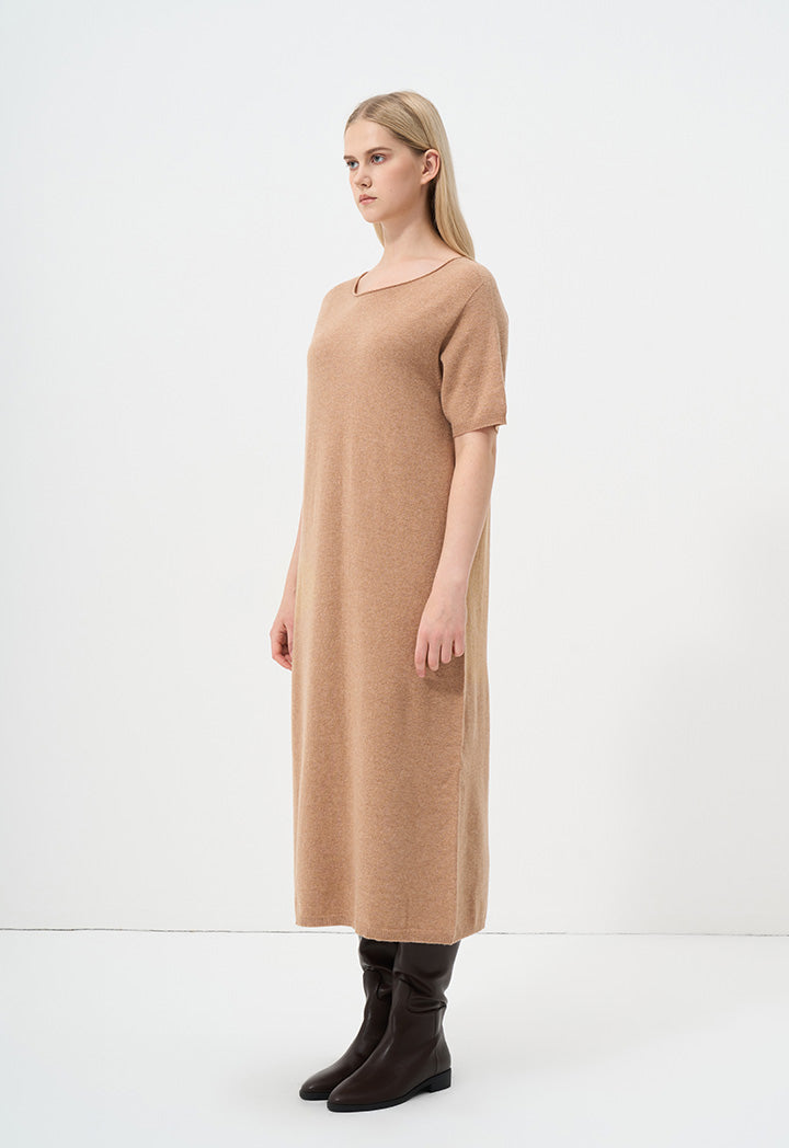 Choice Short Sleeves Knitted Dress Camel