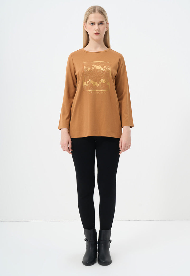 Choice Long Sleeve Printed Motif Top Camel