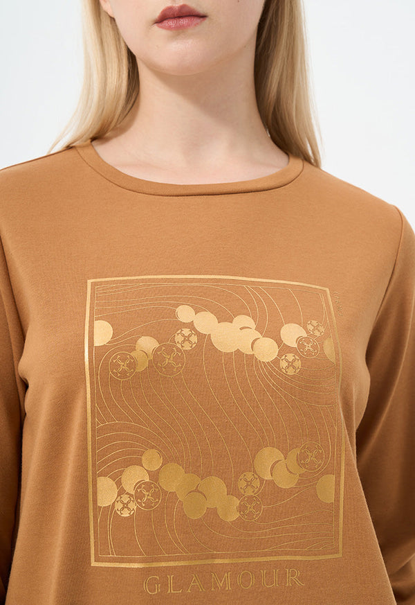 Choice Long Sleeve Printed Motif Top Camel