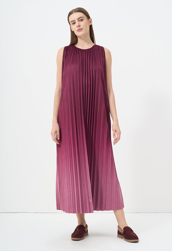 Choice Sleeveless Pleated Ombre Maxi Dress Burgundy