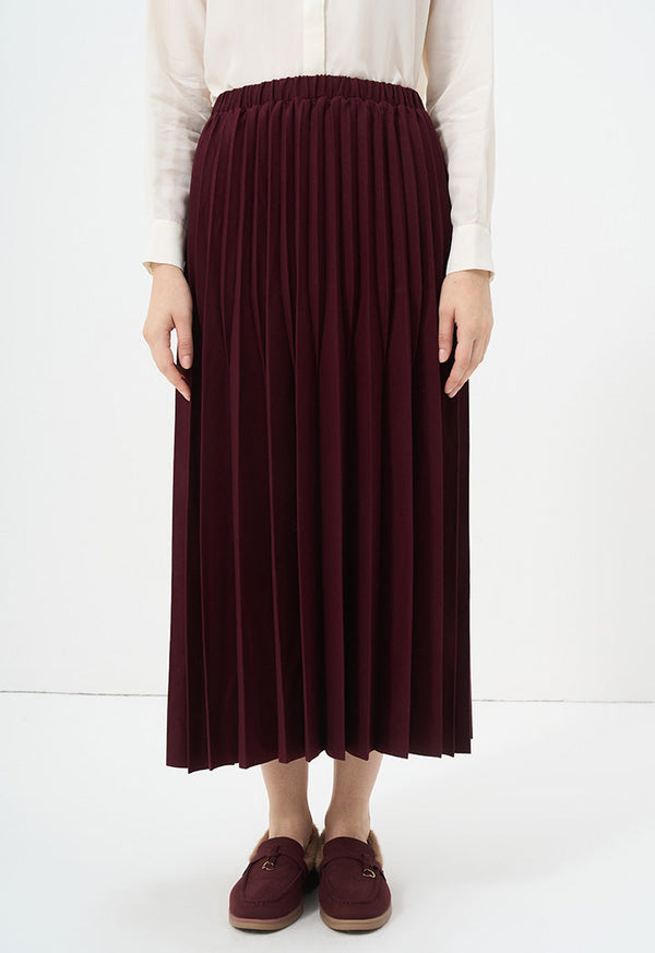 Choice Solid Pleated Midi Skirt Burgundy