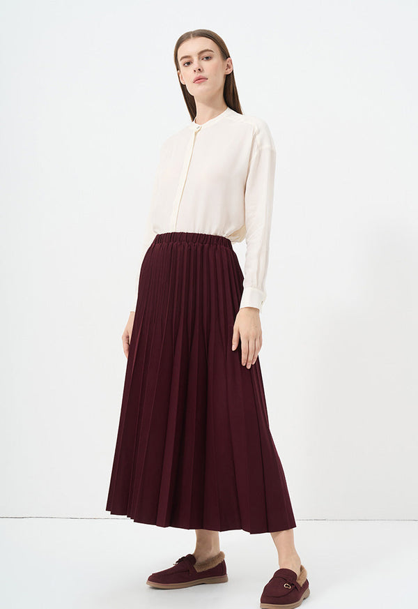 Choice Solid Pleated Midi Skirt Burgundy