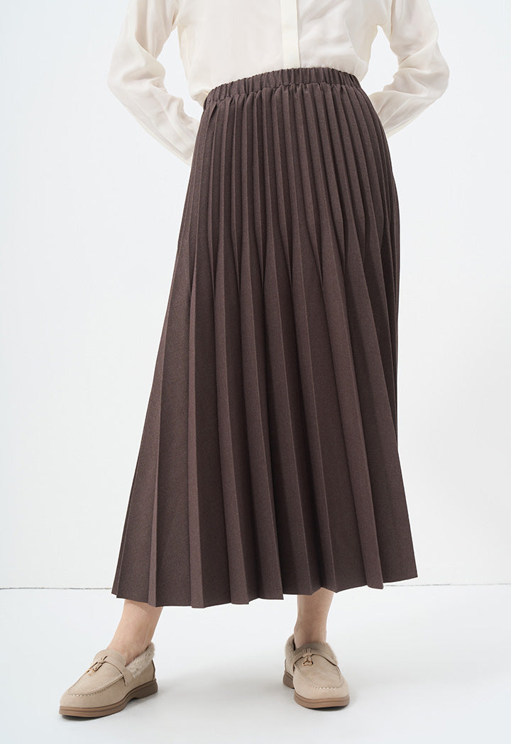 Choice Solid Pleated Midi Skirt Brown