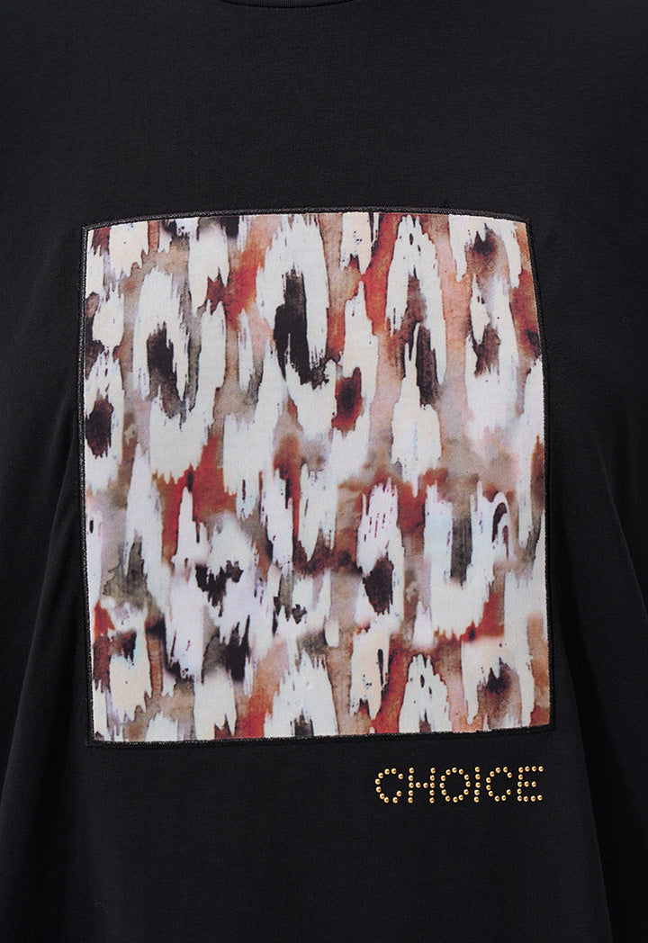 Choice Printed Motif At Front Long Sleeves T-Shirt Black