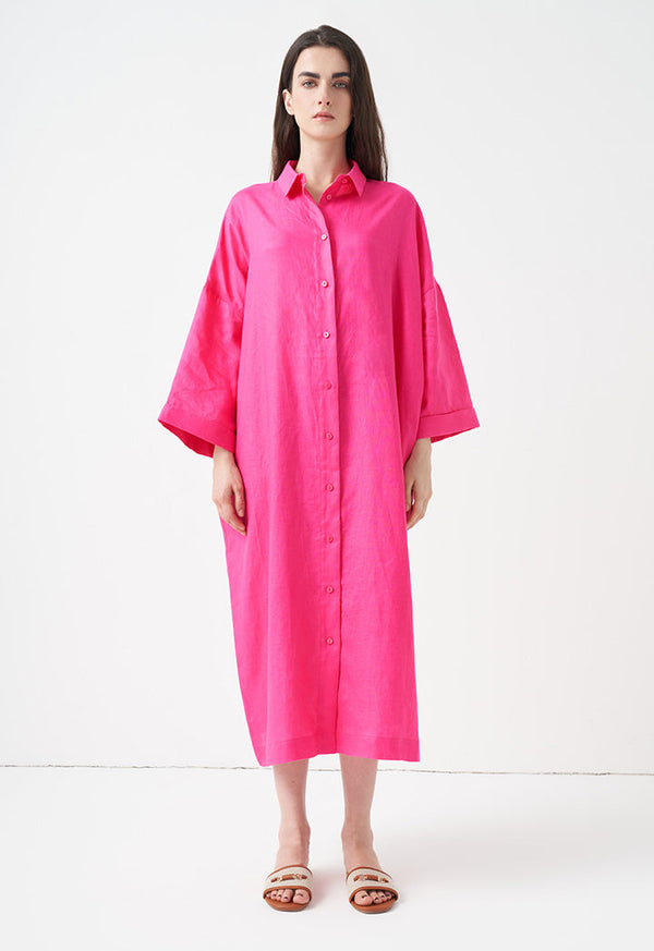 Choice Solid Maxi Shirt Dress Fuchsia