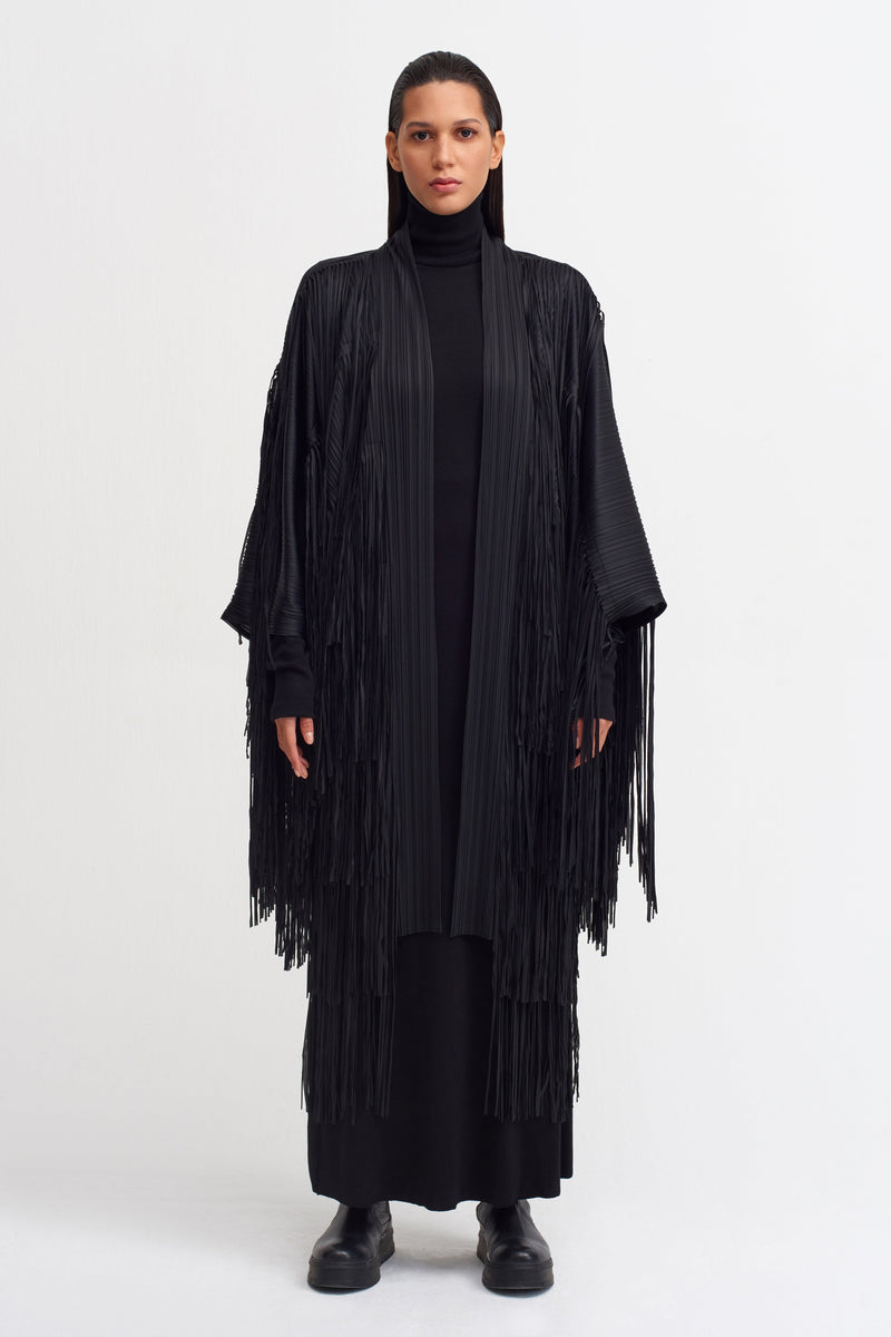 Nu Fringe Detail Pleated Outerwear Black