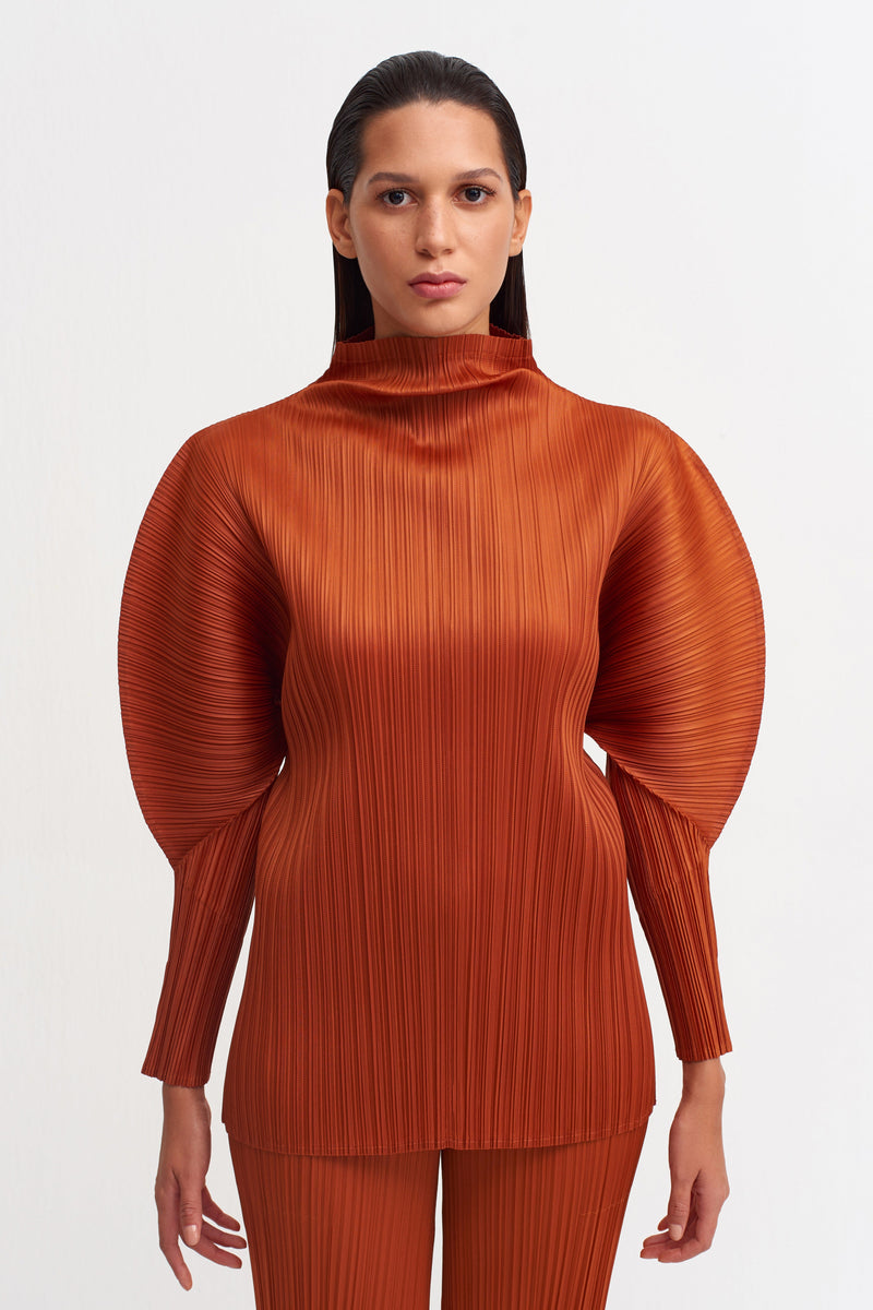 Nu Detailed Sleeve Pleated Blouse Terra Cotta