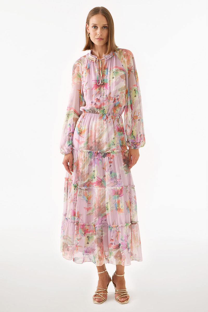 Perspective Mandarin Collar Maxi Dress Multi Color