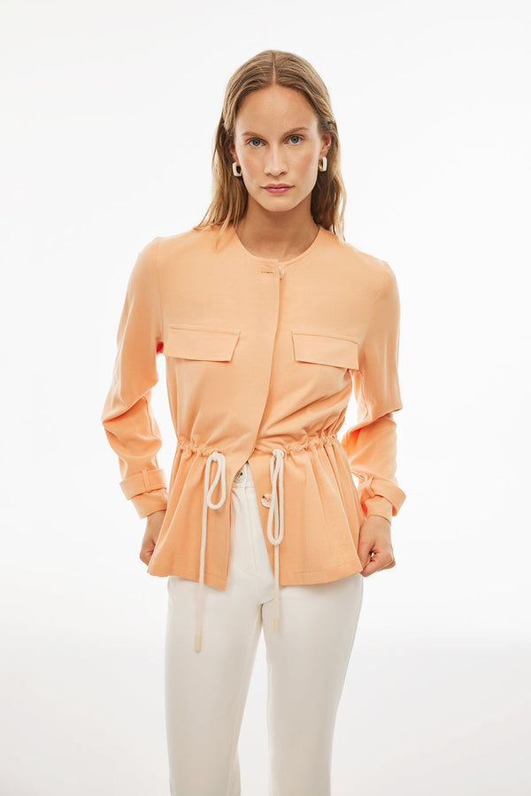 Perspective Round Neck Tencel Long Sleeve Blazer Apricot