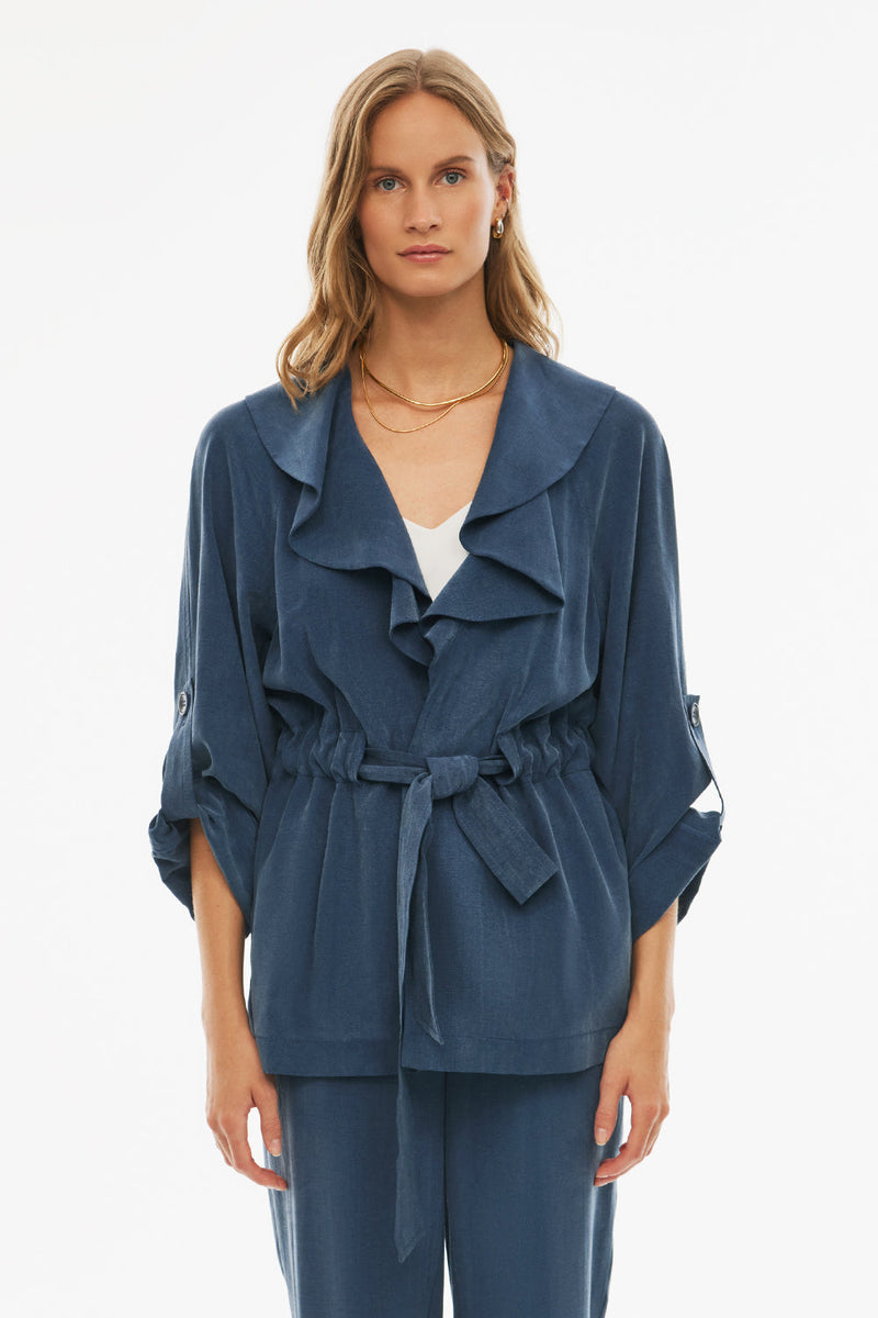 Perspective Shawl Neck Tencel Short Trench Coat Indigo