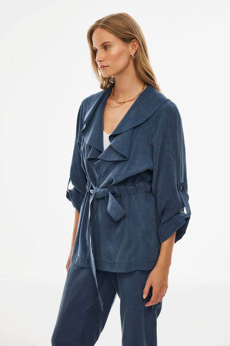 Perspective Shawl Neck Tencel Short Trench Coat Indigo