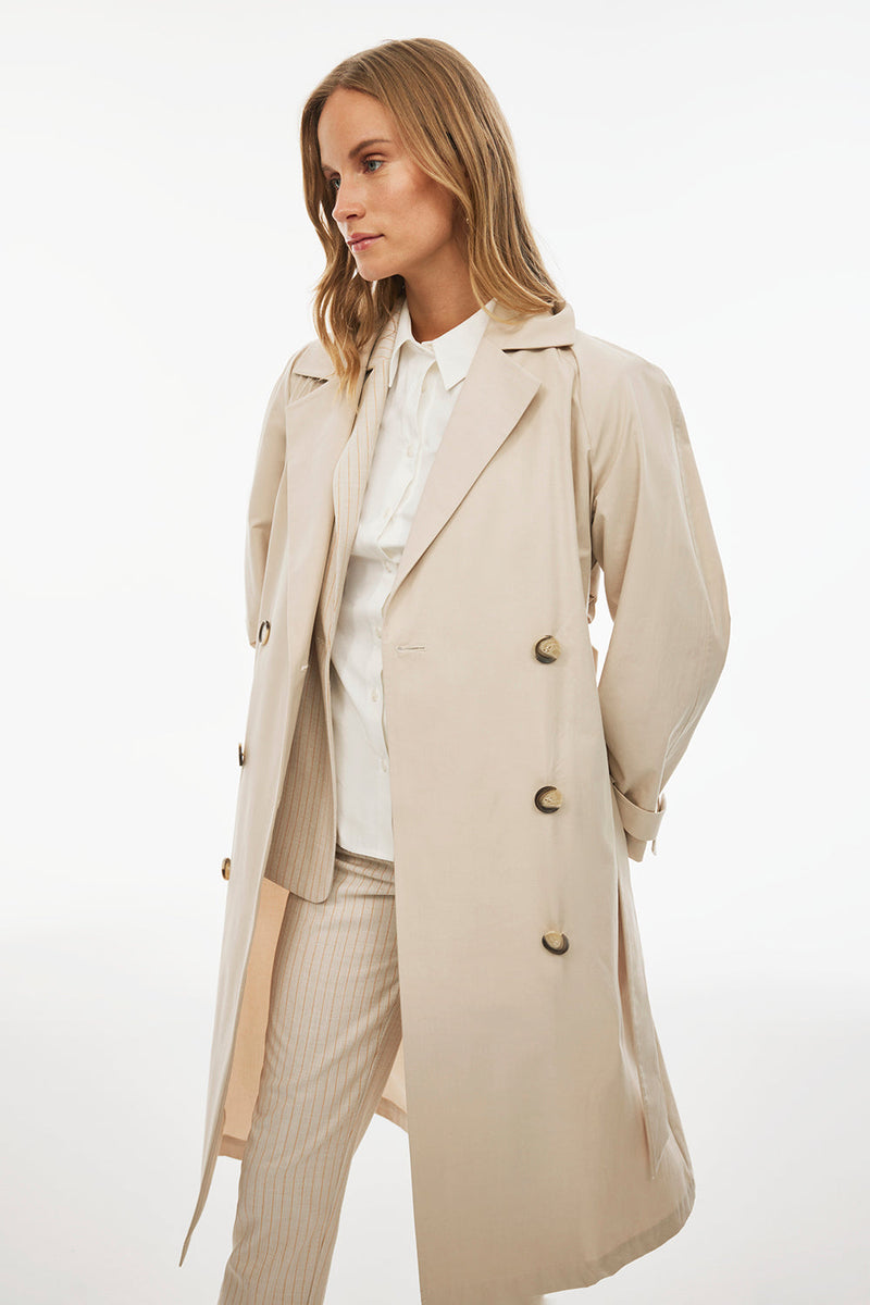 Perspective Shirt Collar Midi Cotton Trench Coat Beige