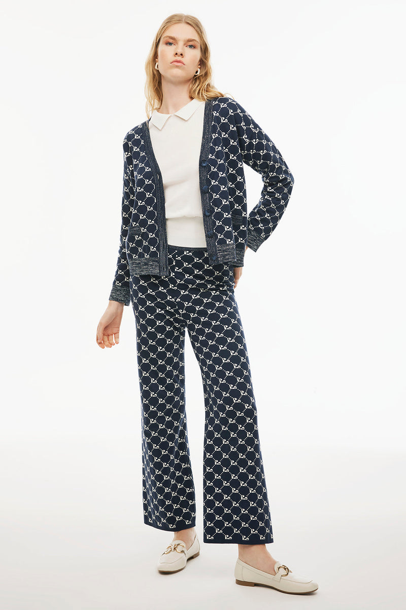 Perspective V-Neck Midi Logo Patterned Knit Cardigan Indigo/White